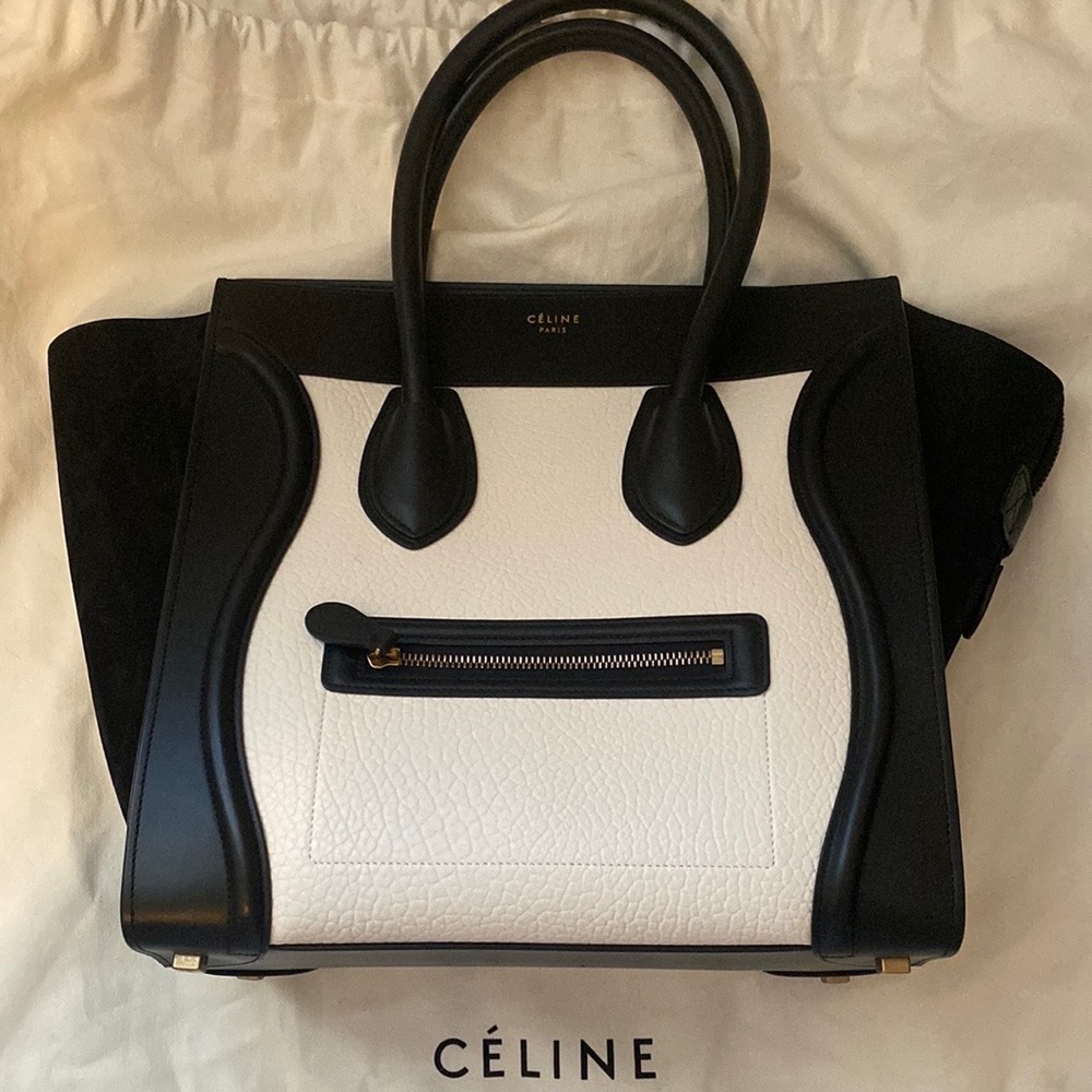 PRISTINE- Celine Luggage Micro Handbag Black / White Leather Satchel-Suede sides